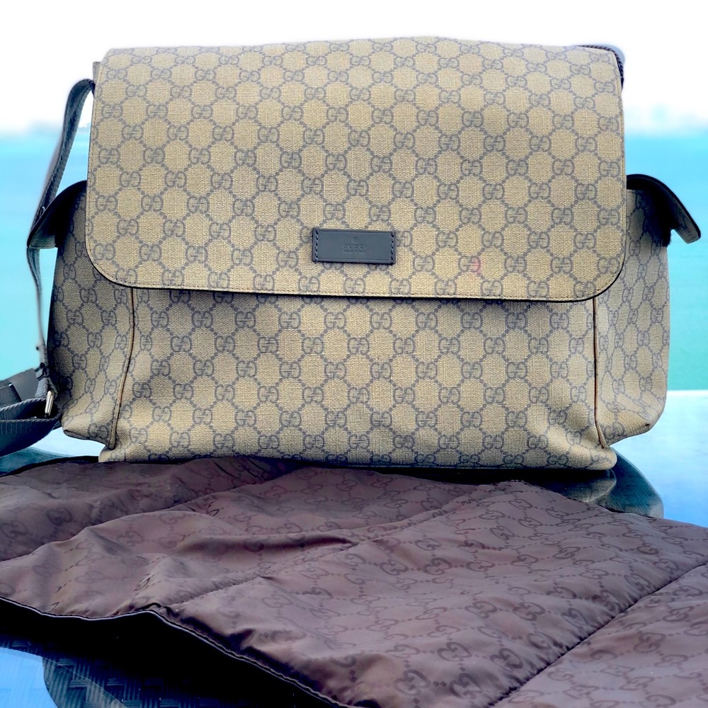 GUCCI Gray & Beige GG Plus Diaper Bag (Limited Edition) / (PRE-OWNED -VERY GOOD)
